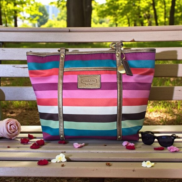 Coach Legacy Multicolor Stripe Sateen Tote Shoulder Bag F14009 Metallic Trim - Picture 1 of 16